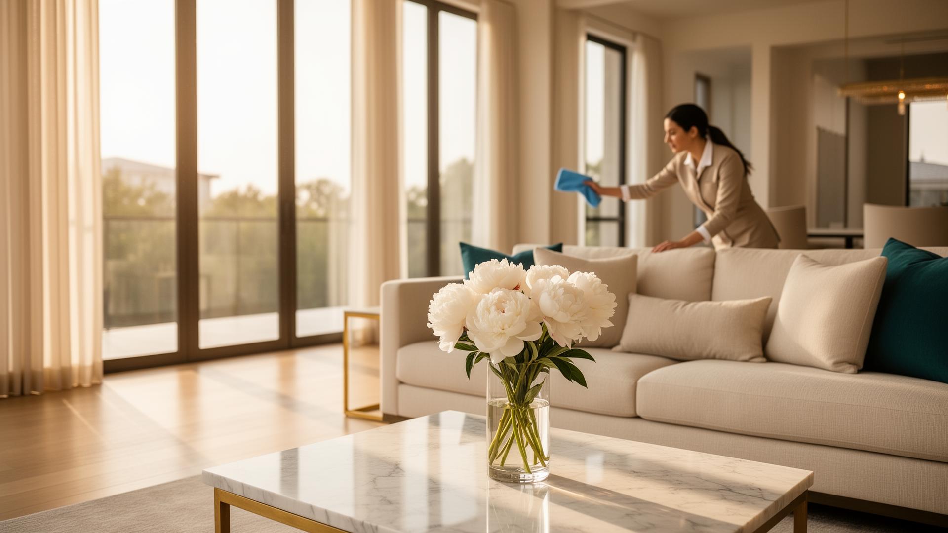 Sunlit luxury living room professionally cleaned by Hygiene Maids in Dallas-Fort Worth